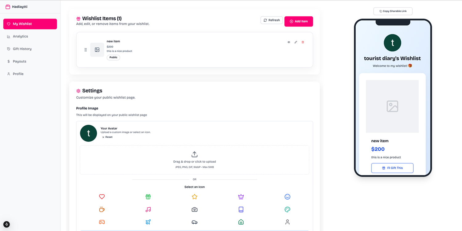 hadiyyati Dashboard Preview showing wishlist management, settings, and mobile preview
